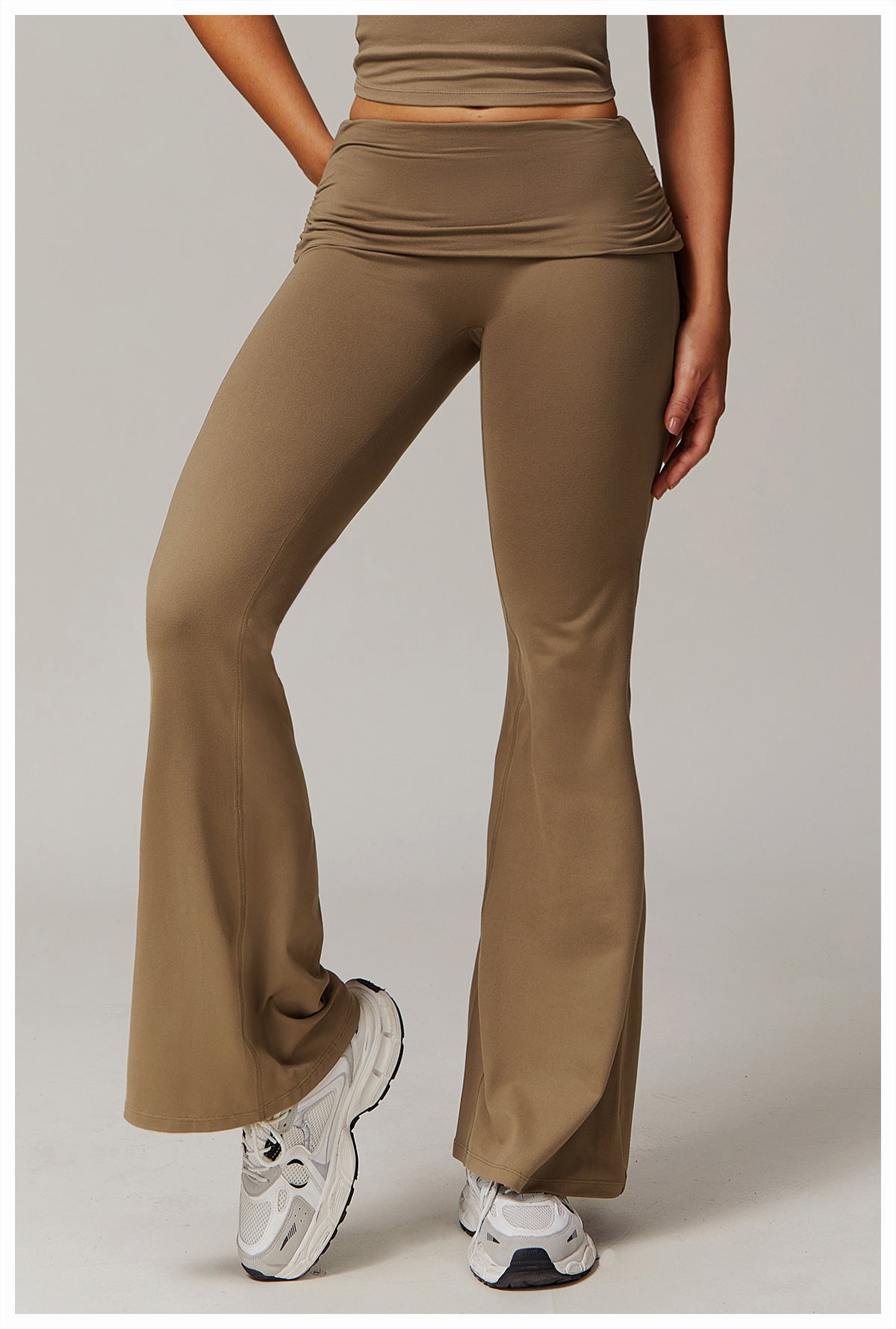 Brushed Foldover High-Waist Ruched Flared Yoga Pants-1