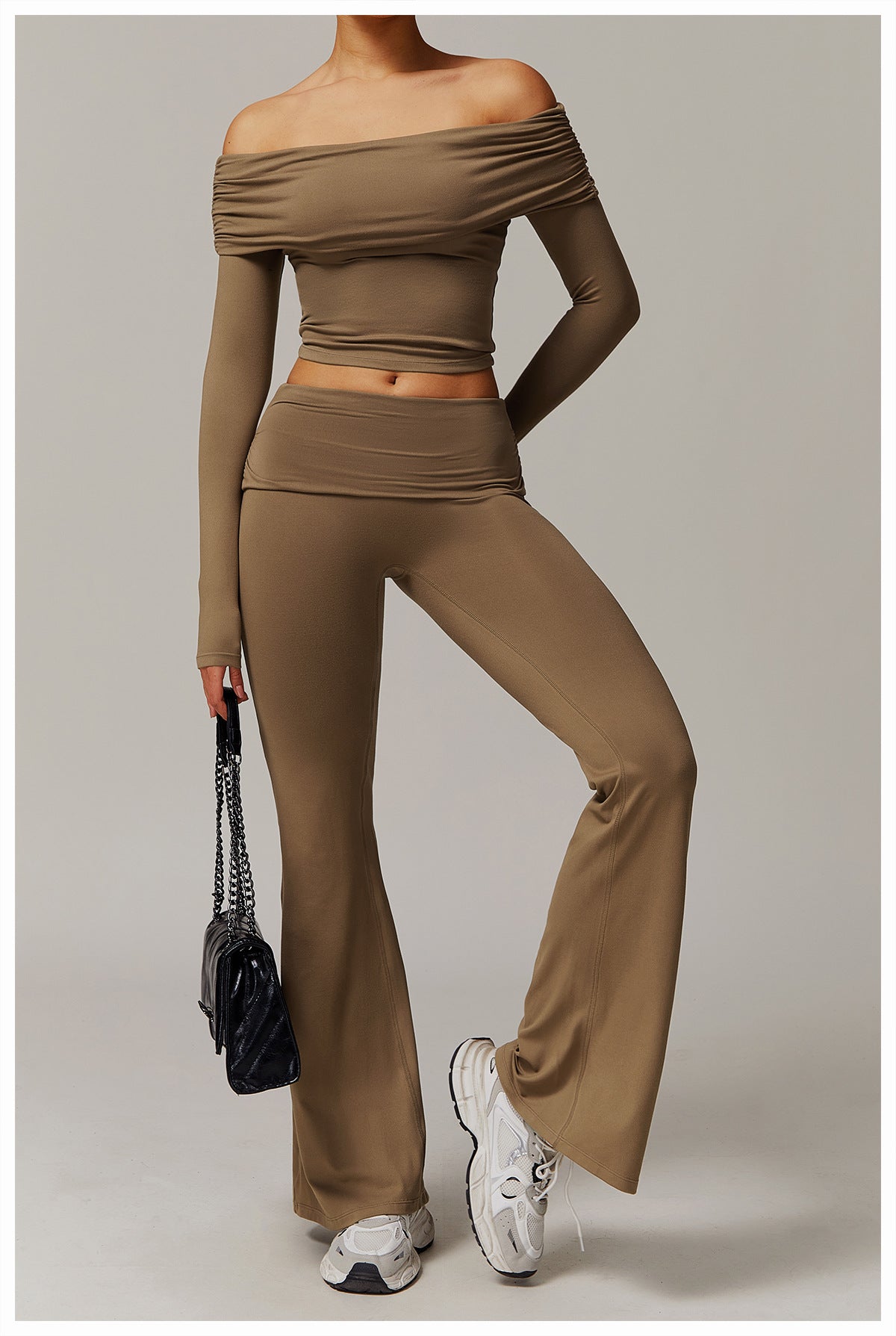 Brushed Foldover High-Waist Ruched Flared Yoga Pants-3