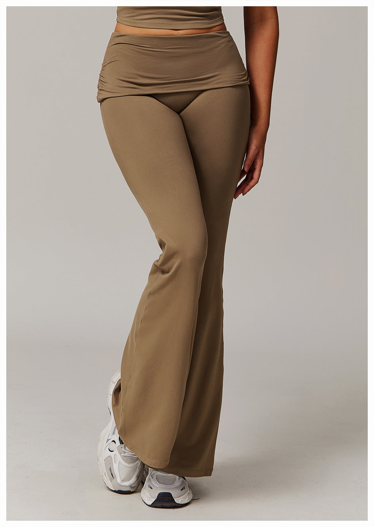 Brushed Foldover High-Waist Ruched Flared Yoga Pants-0